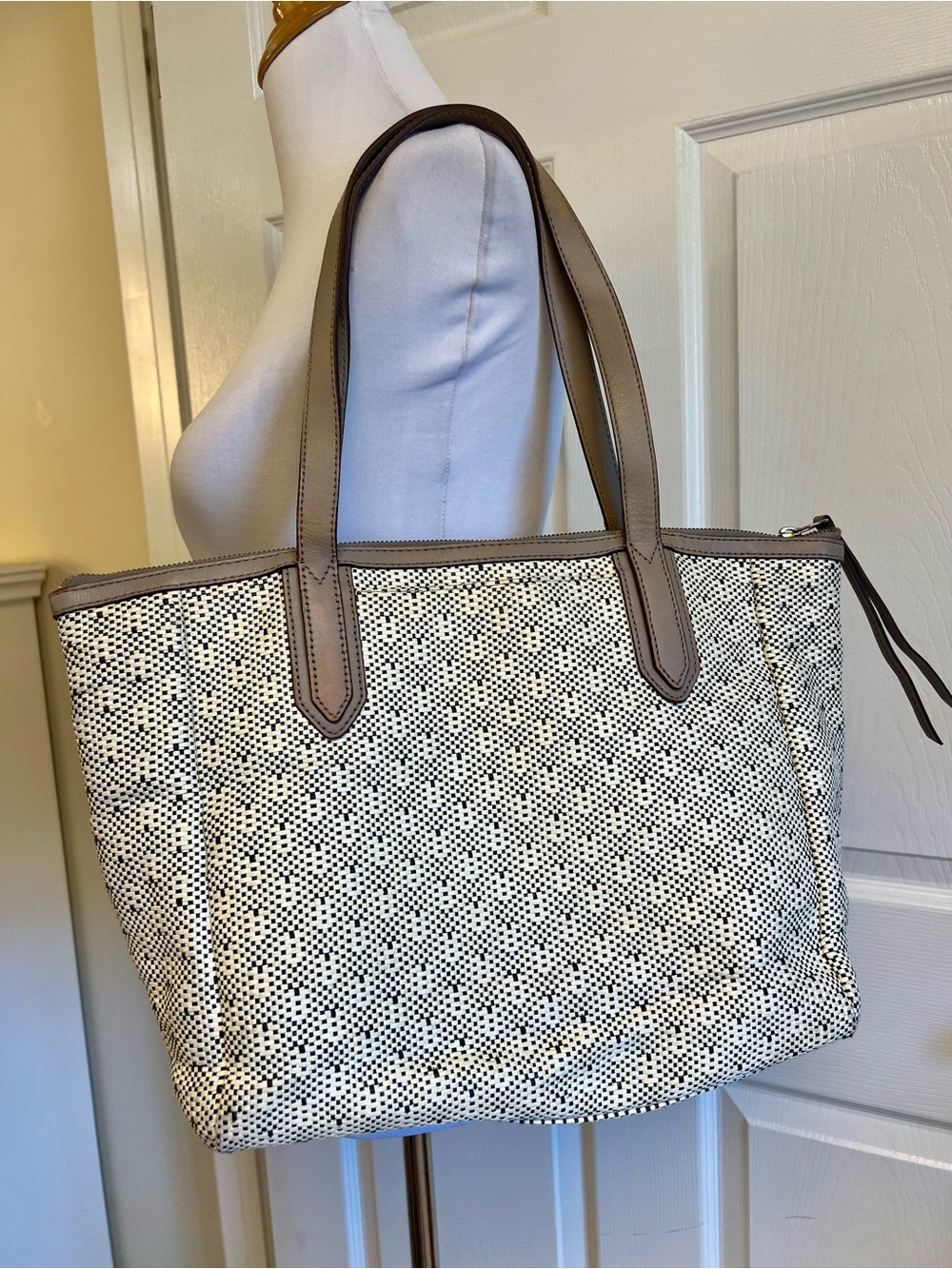 Fossil Black-and-White Woven Tote with Taupe Trim